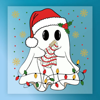Cute Ghost Santa Hat Christmas Lights - Ready to Press - InkMerge DTF Transfer