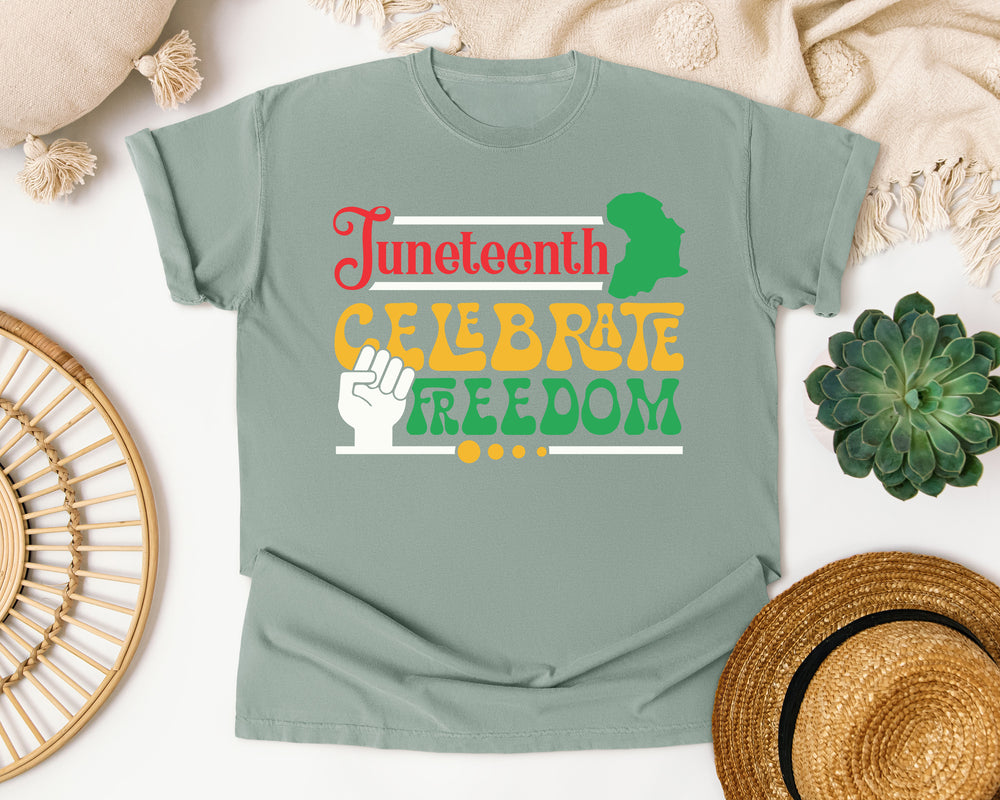 Juneteenth Celebrate Freedom Fist graphic tee in Bay Comfort Colors 1717