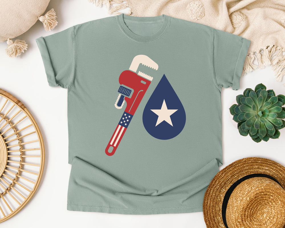 Patriotic Plumber Wrench graphic tee in Bay Comfort Colors 1717
