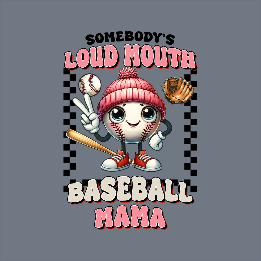 InkMerge’s Baseball Mama Loud Mouth DTF Transfer features a cute baseball character in a pink beanie and red sneakers with “Somebody’s Loud Mouth Baseball Mama”—ready to press on any shirt for proud baseball moms.