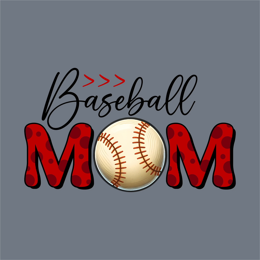 The image for the "I’ll See You at Home DTF Transfer – Ready to Press" by InkMerge shows "Baseball Mom" with "Mom" in bold red letters, black polka dots, the O as a baseball, and "Baseball" in black script on a gray background.