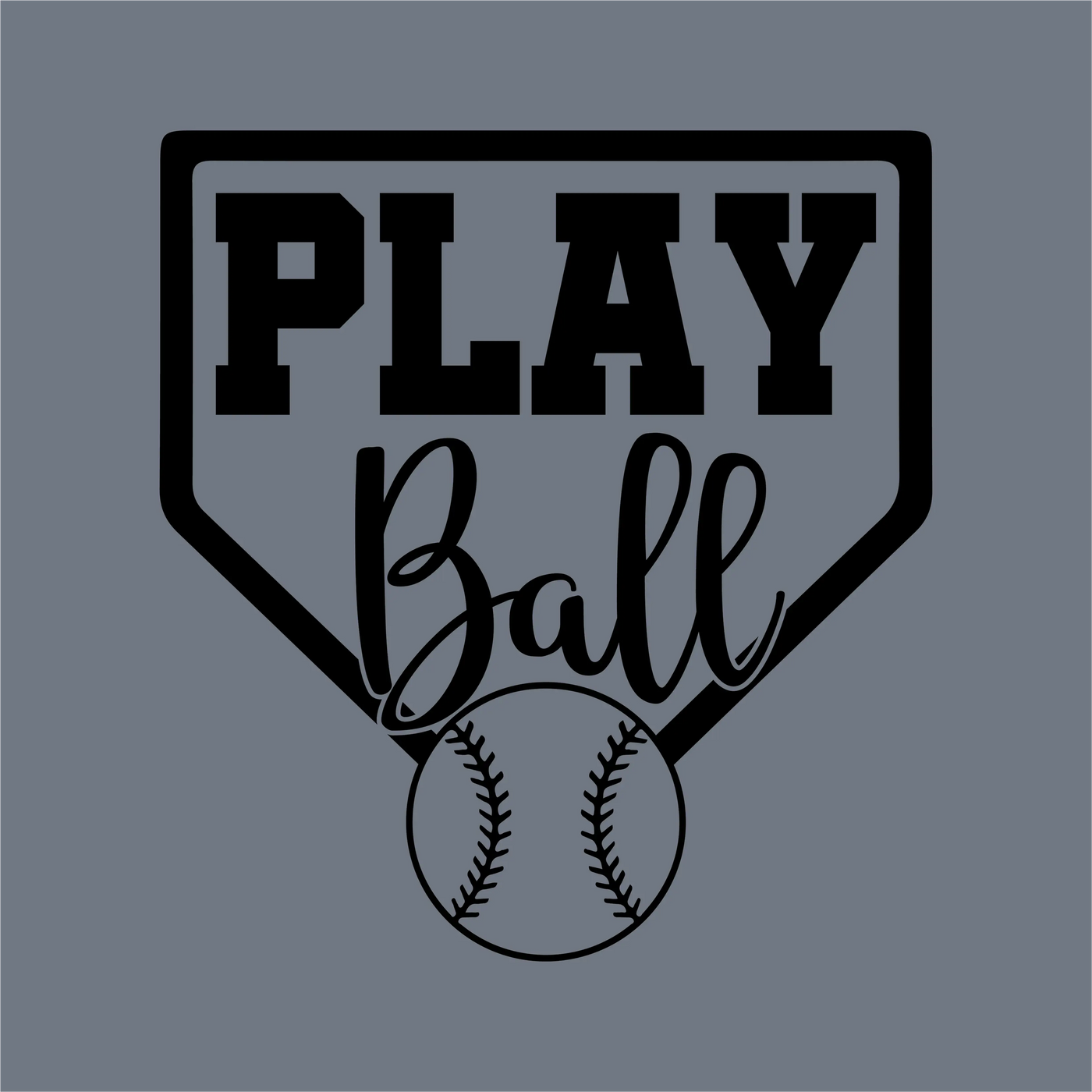 The Play Ball DTF Transfer by InkMerge features "PLAY" in bold uppercase within a home plate and "Ball" in script over a baseball graphic—ideal for heat pressing onto gray backgrounds.