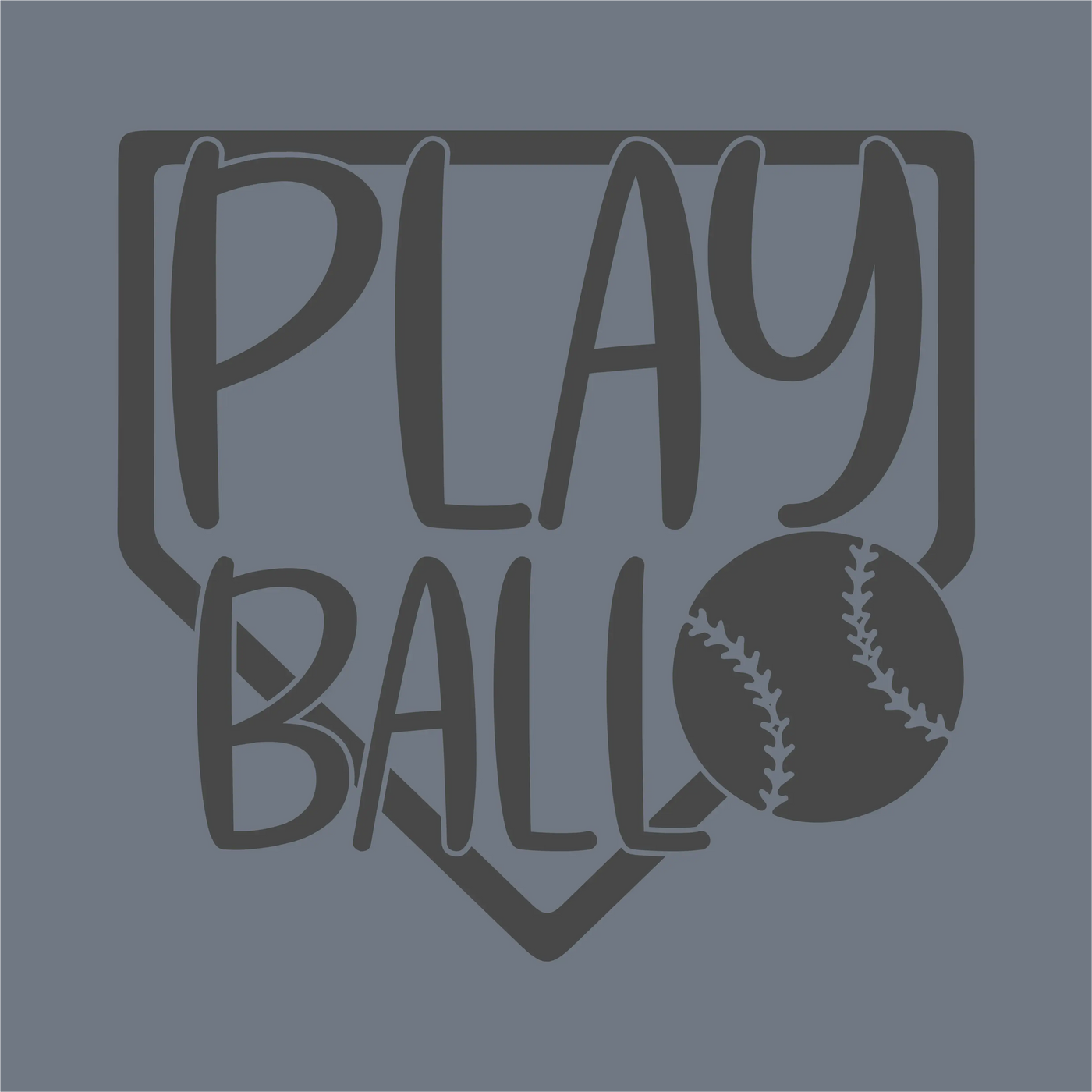 The Play Ball Rounded Font DTF Transfer by InkMerge showcases "PLAY BALL" in bold, playful letters with a home plate outline and a stylized baseball for the O, all on a muted blue background. Perfect for ready to press transfers.
