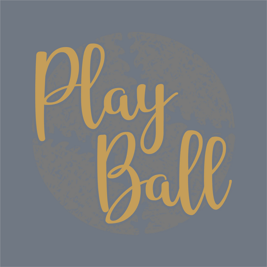 The Play Ball Script Circle DTF Transfer by InkMerge features yellow script text over a textured gray circle, creating a distressed baseball look—perfect for heat press projects and ready to press onto your favorite items.