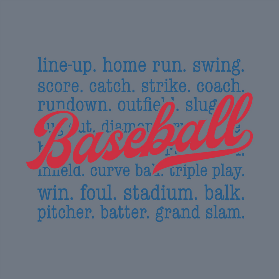 The InkMerge Baseball Word Play DTF Transfer – Ready to Press features baseball terms in blue on a blue background with a bold red cursive "Baseball" at the center, ideal for making custom shirts using a heat press.