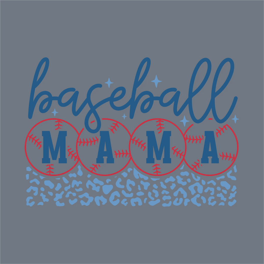 The InkMerge Script Baseball Mama DTF Transfer – Ready to Press features "baseball" in cursive and "MAMA" spelled out with baseballs, accented by a blue leopard print on a gray background—perfect for any baseball mom.