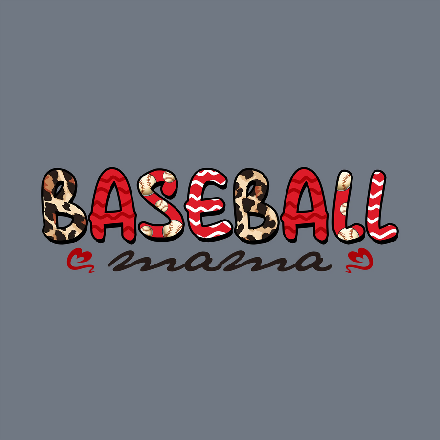 The image showcases InkMerge's Baseball Mama Always Stressed DTF Transfer – Ready to Press on a gray background. BASEBALL is bold and colorful with patterns, "mama" is in script with red hearts—ideal for game day gear.