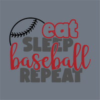 The Dynamic Eat Sleep Baseball Repeat DTF Transfer by InkMerge features a bold baseball graphic and stylish lettering on gray—ideal for baseball moms and ready to press onto custom tees.