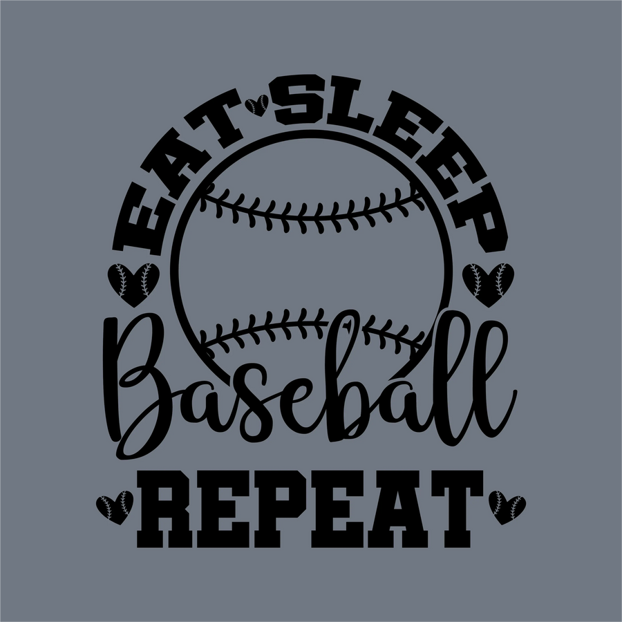 InkMerge’s Eat Sleep Baseball Repeat Heart Stitch DTF Transfer features black text on gray with a central baseball and heart accents—perfect for baseball moms, ready to press for a vibrant and easy apparel design.