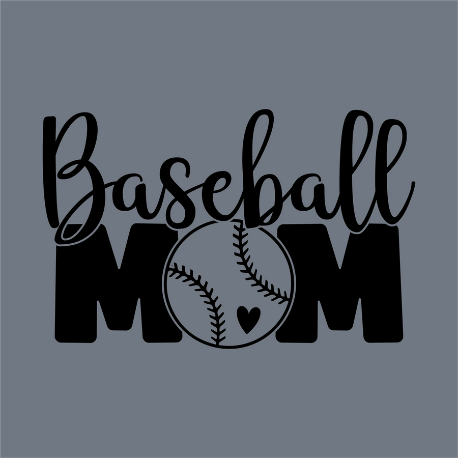 The image showcases InkMerge's Baseball Mom Squad DTF Transfer – Ready to Press, featuring "Baseball Mom" in bold black letters with a baseball-heart graphic for the "O," set on a gray background—perfect for game-day apparel.