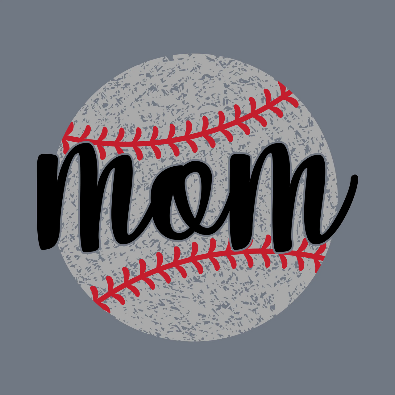 The InkMerge Textured Baseball Mom Script DTF Transfer – Ready to Press features bold black script over a gray baseball with red stitching, set on a solid gray background—ideal for custom DTF transfer projects.