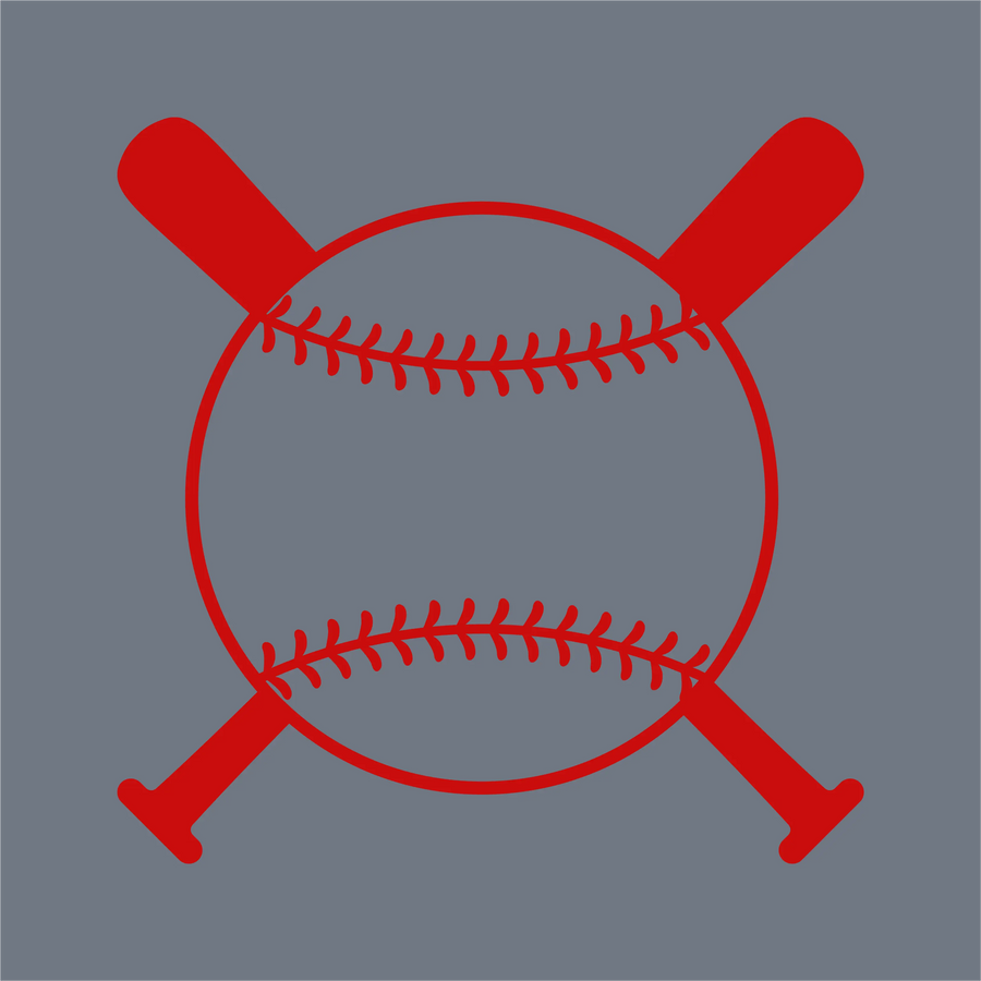 Centered on a solid gray background, a red-outline baseball with visible stitching and two crossed bats forms the InkMerge Baseball Dad Half-Stitch DTF Transfer – Ready to Press, ideal for your next baseball heat press project.