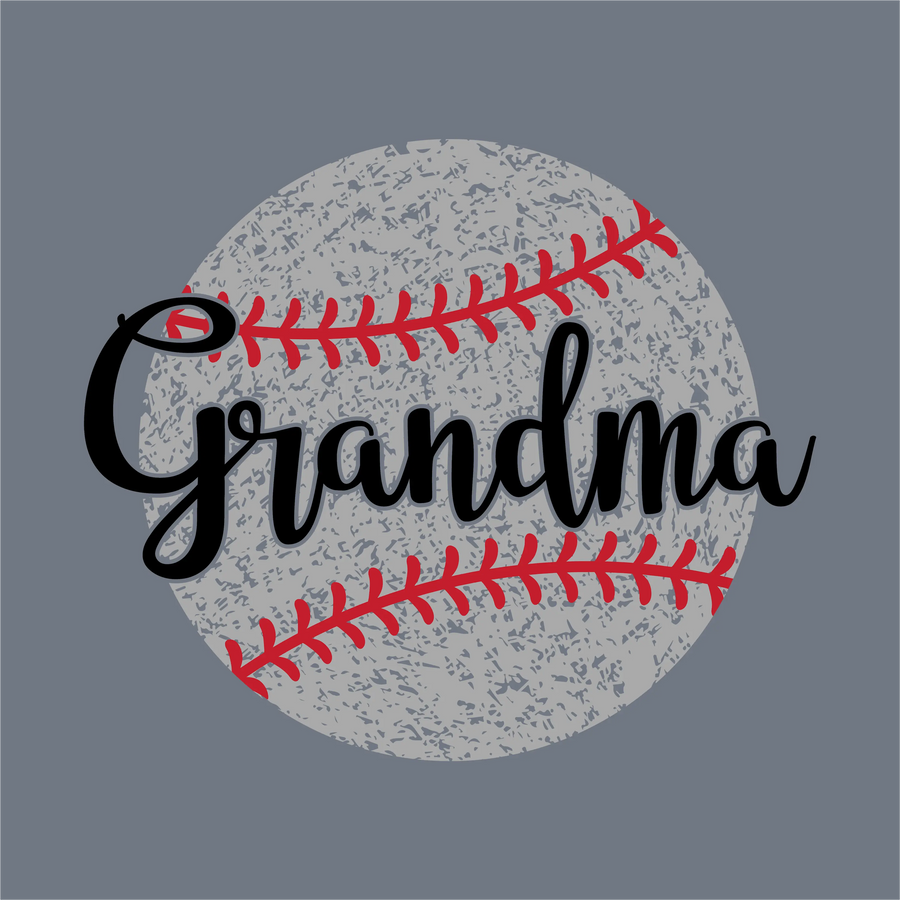 The InkMerge Baseball Crest Crossed Bats DTF Transfer features bold black "Grandma" script on a red-stitched baseball with a gray textured background—ideal for your next baseball heat press project.