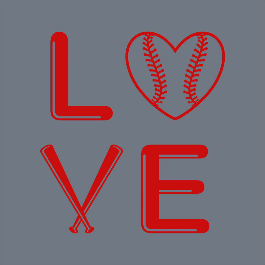 The InkMerge LOVE Baseball Heart DTF Transfer – Ready to Press features "LOVE" in red on gray, with a baseball heart as the O and crossed bats as the V—ideal for any baseball mom.