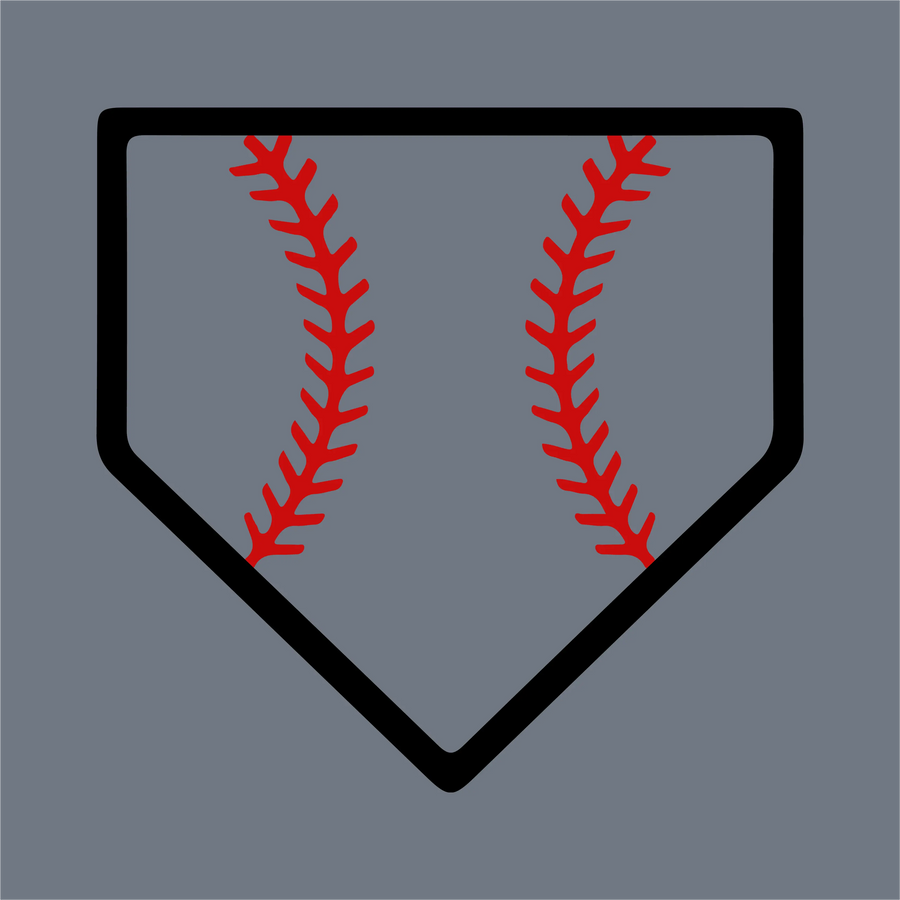 The InkMerge Home Plate Baseball Stitch DTF Transfer – Ready to Press features a black-outlined home plate with red stitching on a gray background, ideal for custom baseball projects.