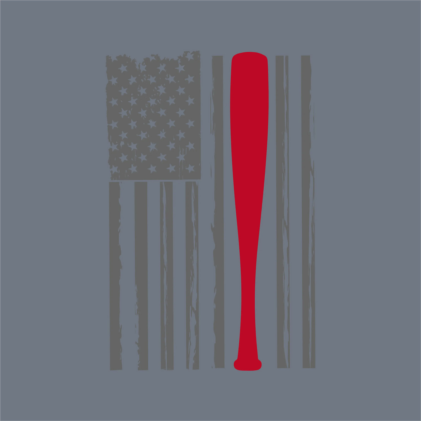 The Flag Bat DTF Transfer by InkMerge showcases a stylized American flag with a red baseball bat stripe on a gray, distressed background—ideal for precut DTF designs or standout Halloween apparel.