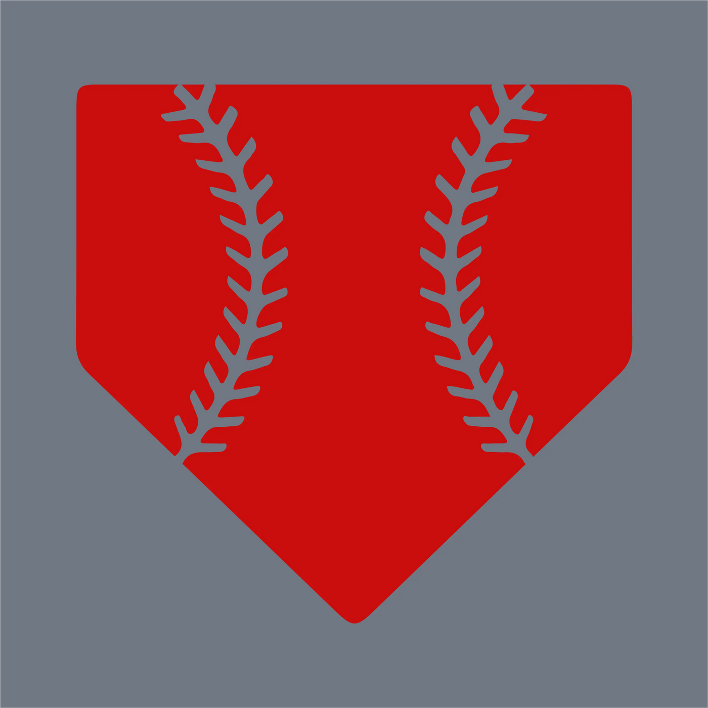 The Home Plate Stitches DTF Transfer by InkMerge features a red home plate with stylized baseball stitching on gray—ideal for bold garment designs or your next precut heat press project.