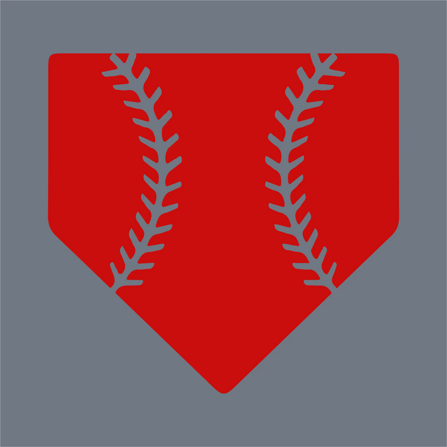 The InkMerge Home Plate Stitches DTF Transfer – Ready to Press features a bold red home plate with baseball stitching on a gray background, perfect for standout heat press designs or unique Home Plate DTF projects.