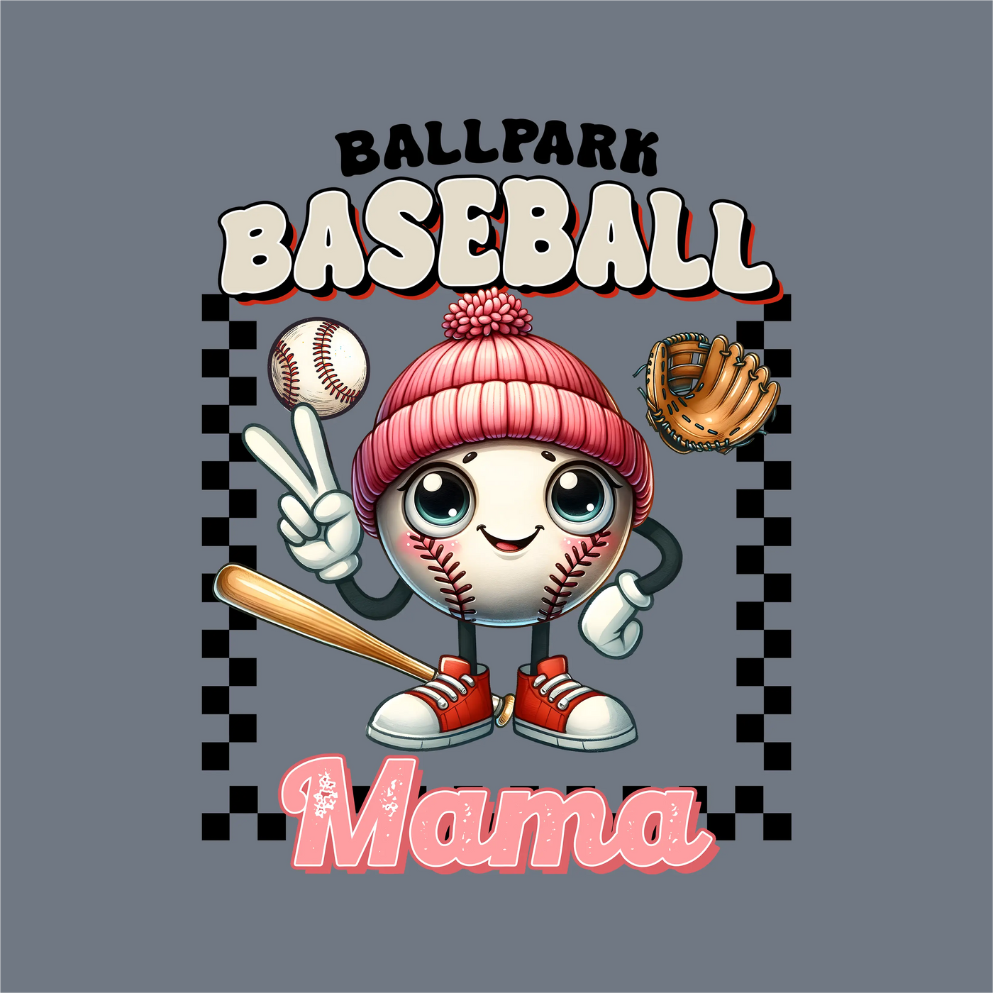 Show off your team spirit with the InkMerge Baseball Mama DTF Transfer—featuring a cheerful baseball character in a pink beanie, holding a bat, glove, and baseball beneath the “Ballpark Baseball Mama” text on a checkered background. Ideal for heat-press graphic tees or any DTF transfer project!.