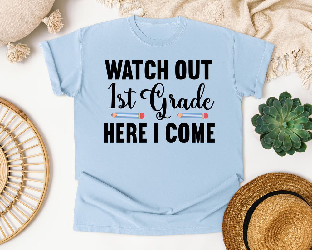 Watch Out 1st Grade Here I Come Pencils graphic tee in Chambray