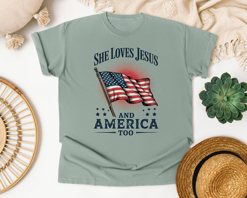 She Loves Jesus And America graphic tee in Bay Comfort Colors 1717