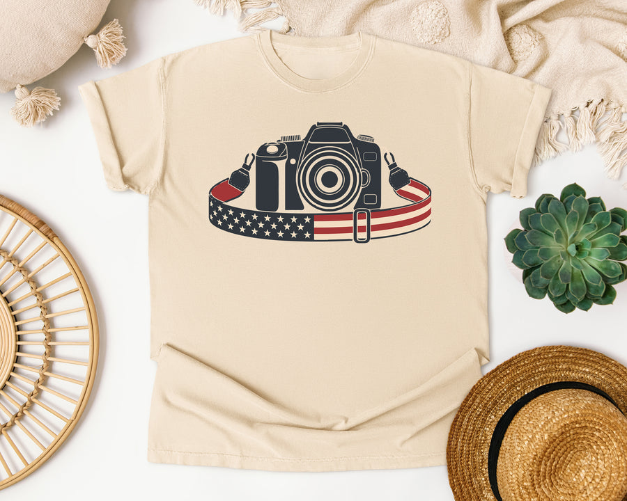 Patriotic Camera Strap graphic tee in Ivory