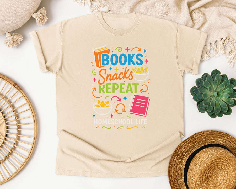 Books Snacks Repeat Homeschool Life graphic tee in Ivory