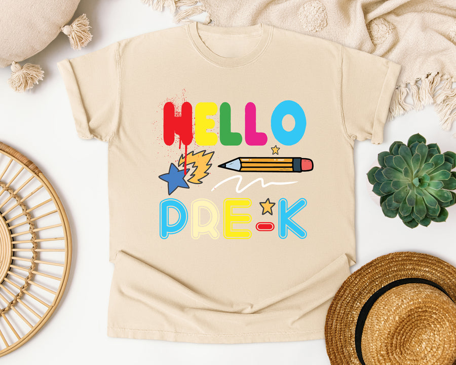 Hello Pre-K Pencil graphic tee in Ivory