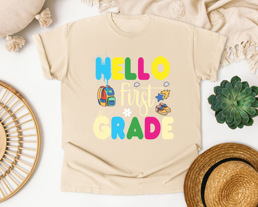 Hello First Grade Sneakers graphic tee in Ivory