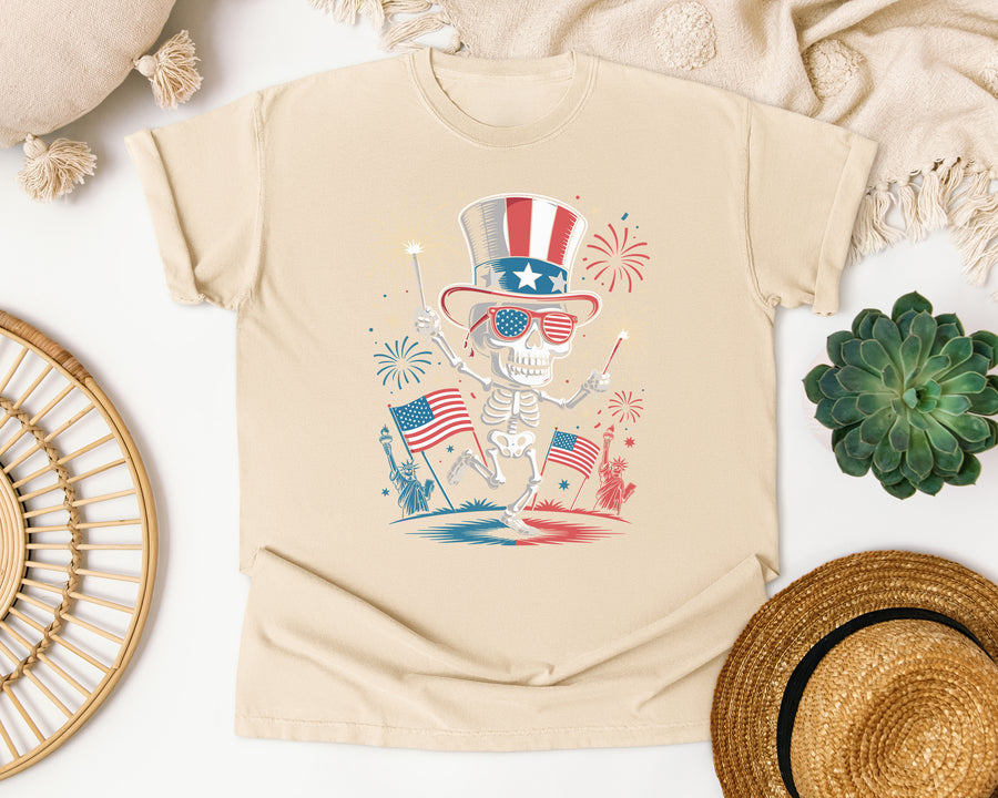Patriotic Skeleton Fireworks Pink 4 graphic tee in Ivory