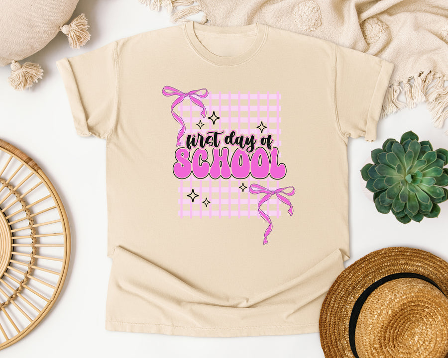 First Day Of School Pink Grid graphic tee in Ivory