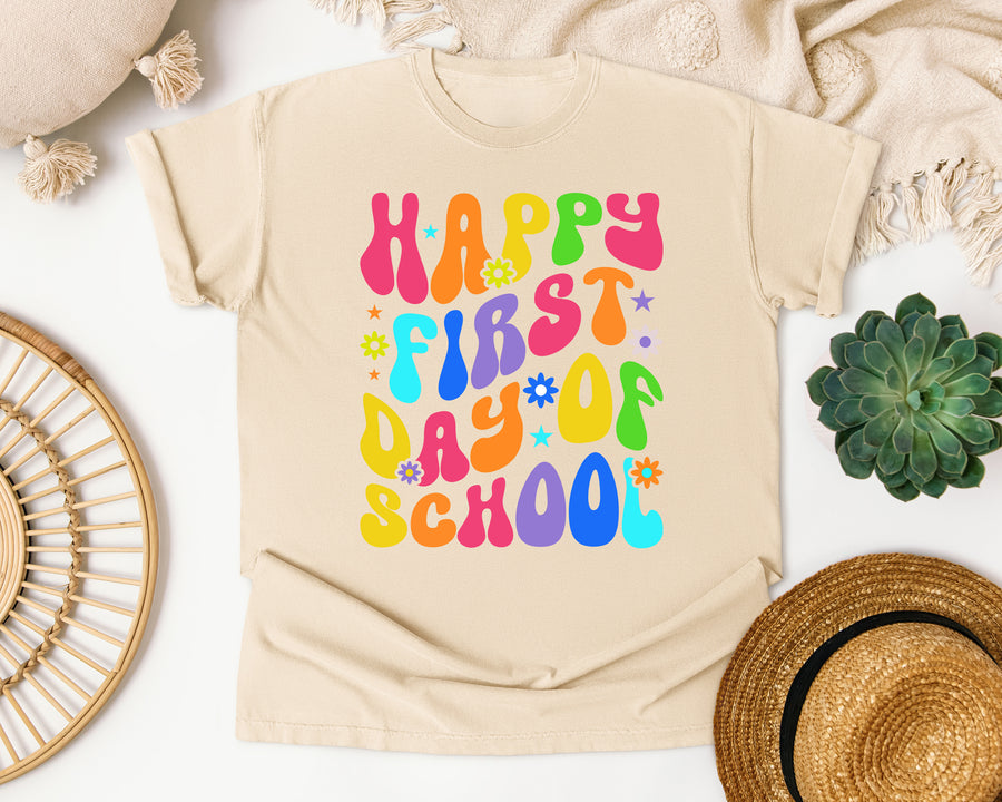 Happy First Day Of School Groovy graphic tee in Ivory