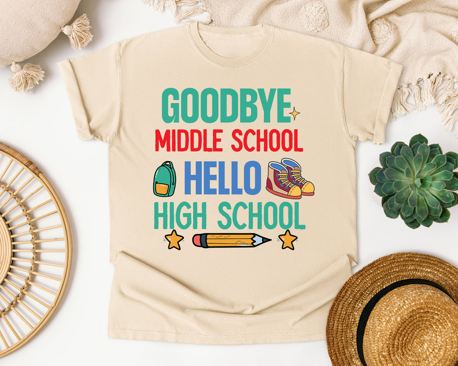 Goodbye Middle School Hello High School graphic tee in Ivory