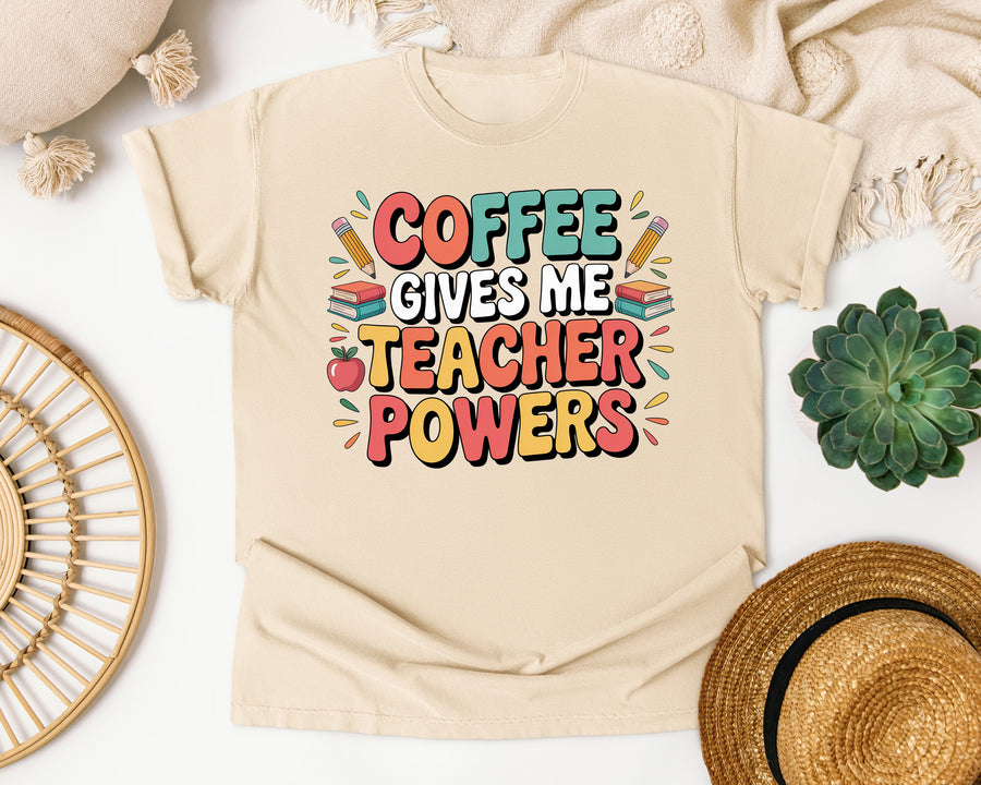 Coffee Gives Me Teacher Powers Grey graphic tee in Ivory