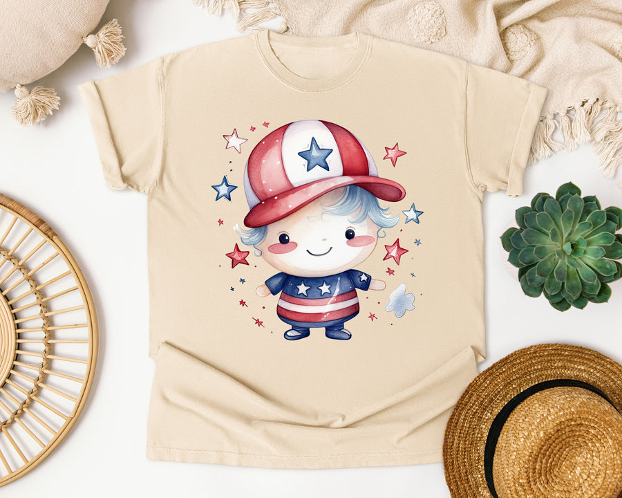 Patriotic Kid With Cap graphic tee in Ivory