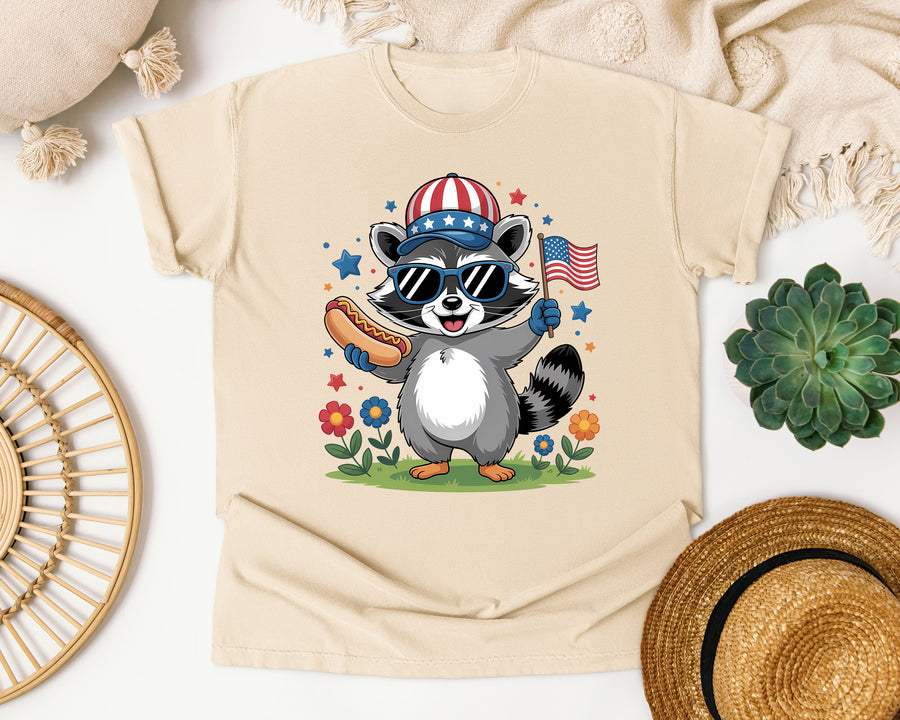 Patriotic Raccoon Hot Dog graphic tee in Ivory