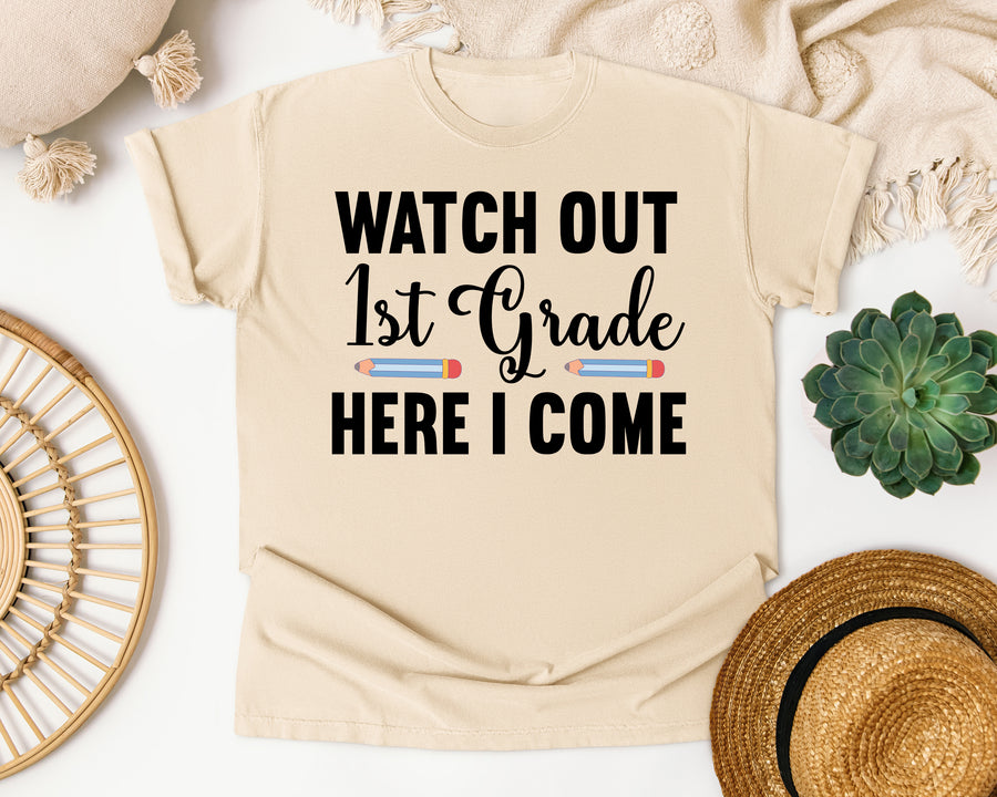 Watch Out 1st Grade Here I Come Pencils graphic tee in Ivory