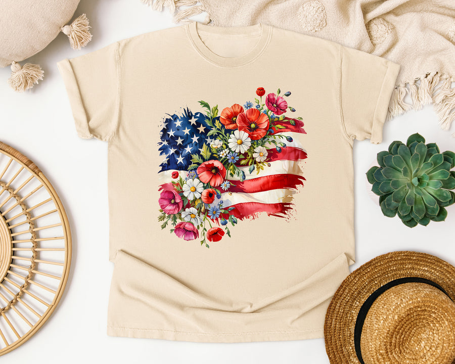 Floral American Flag Grey 2 graphic tee in Ivory