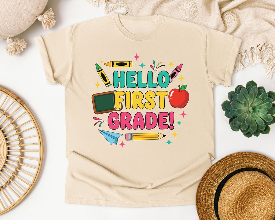 Hello First Grade Crayons in Ivory Comfort Colors 1717 tee
