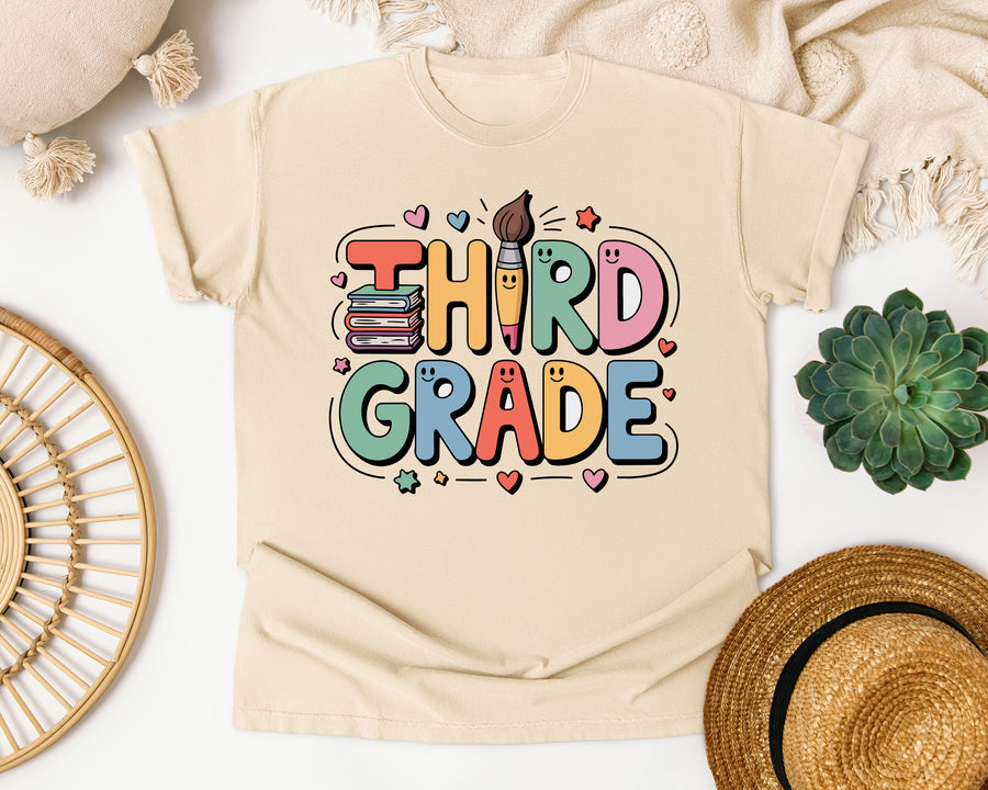 Third Grade Books Smiley in Ivory Comfort Colors 1717 tee