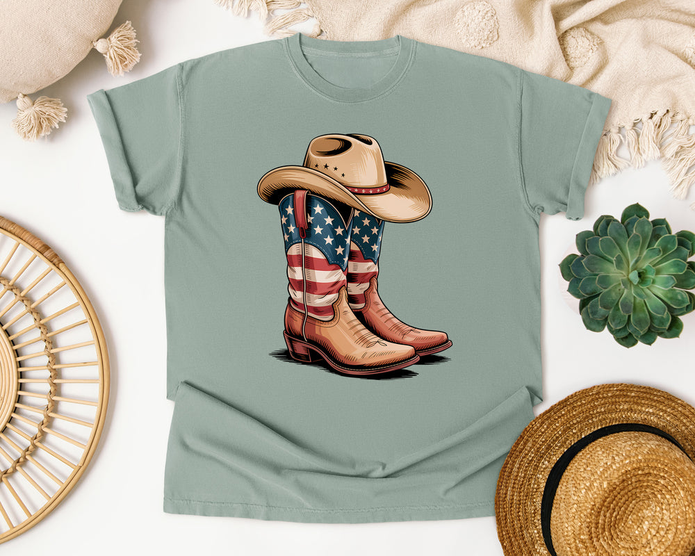 Patriotic Cowboy Boots Hat graphic tee in Bay Comfort Colors 1717
