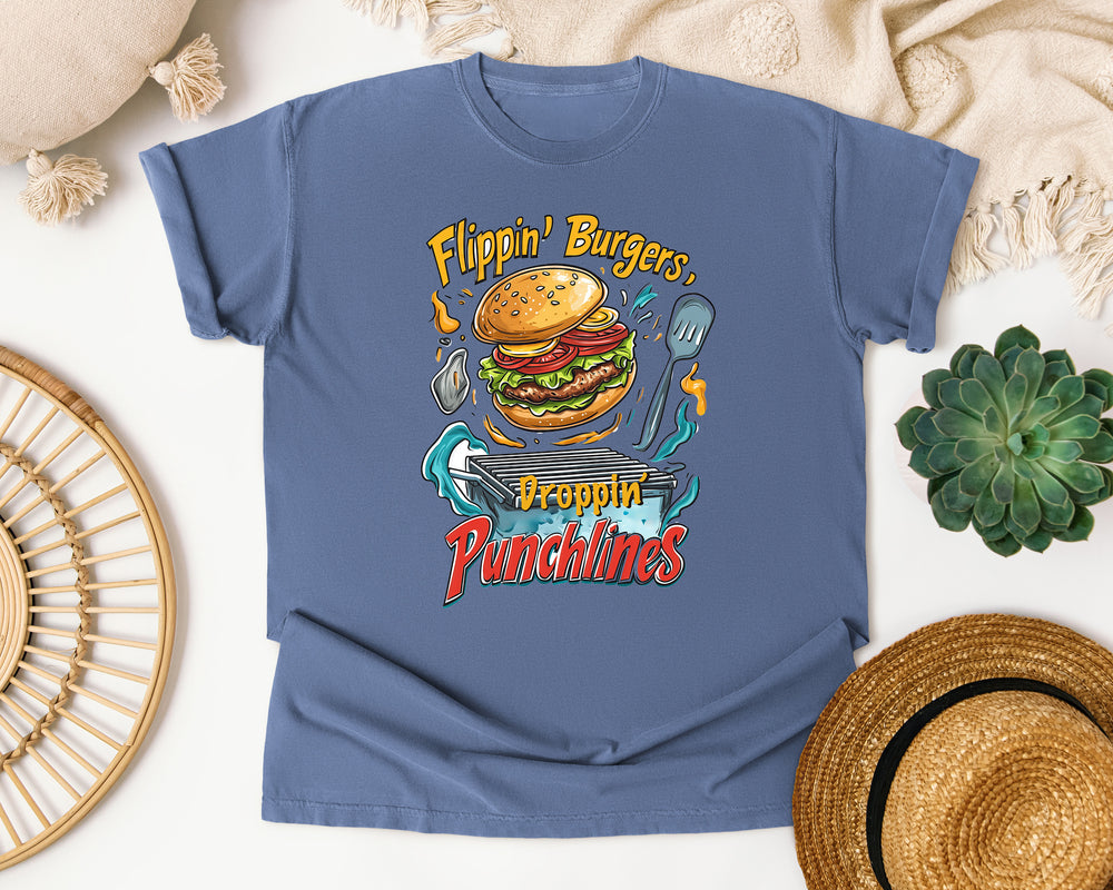 Flippin Burgers Droppin Punchlines graphic tee in Blue Jean Comfort Colors 1717