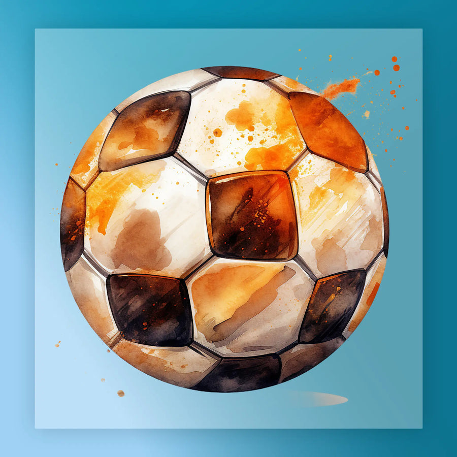 A watercolor painting of a soccer ball with orange and brown hues, set against a blue background.