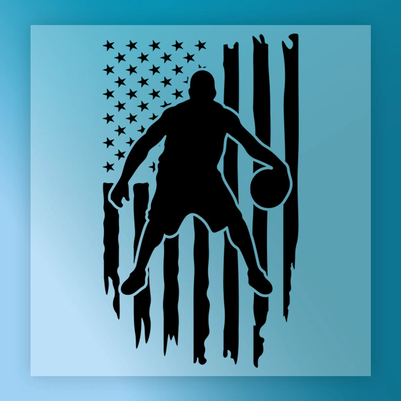 A silhouette of a basketball player is depicted against a backdrop of the American flag, with the flag's stars and stripes appearing to tear or rip.