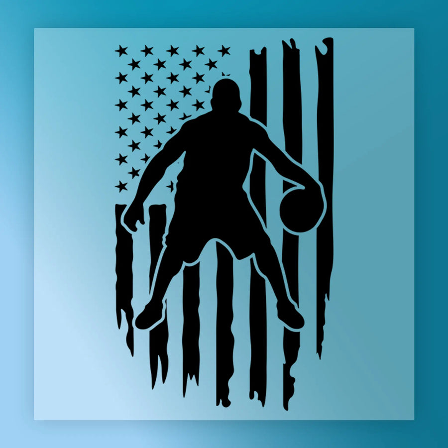 A silhouette of a basketball player is depicted against a backdrop of the American flag, with the flag's stars and stripes appearing to tear or rip.