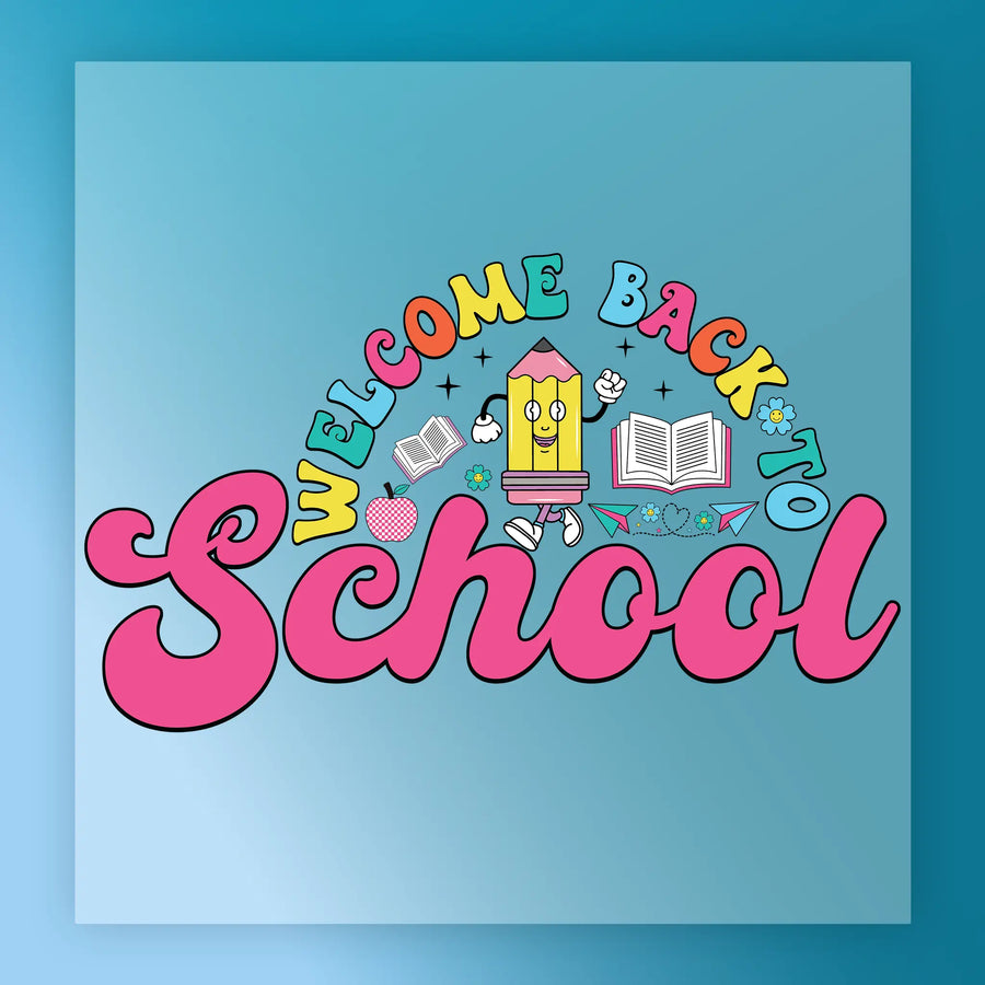 The image is a colorful and playful graphic design featuring the text "Welcome Back to School" surrounded by various school-related icons and illustrations, such as a pencil, books, and flowers.