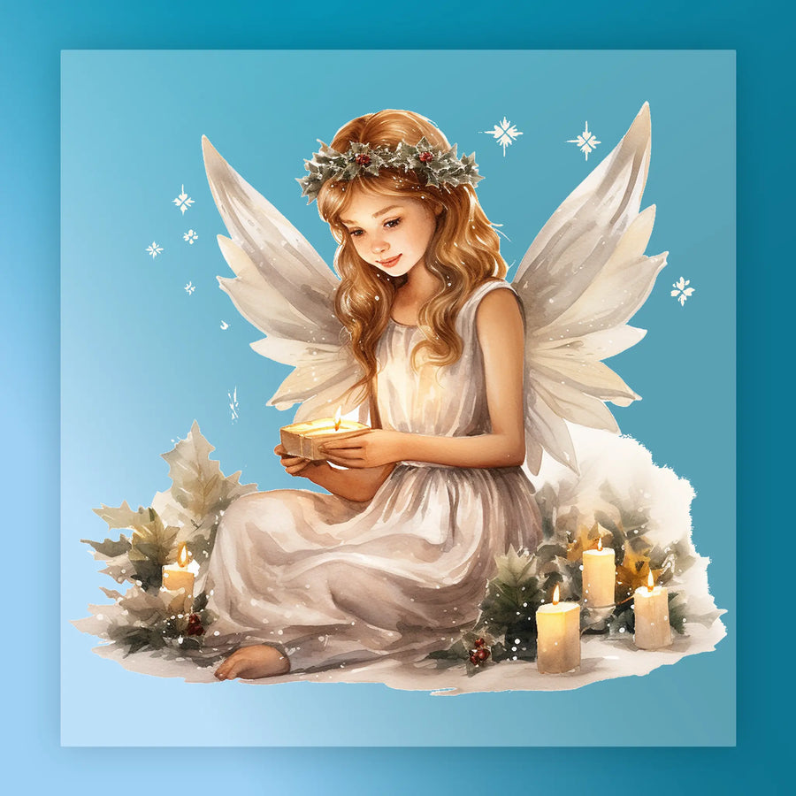 Angelic Candlelight Serenity by InkMerge features a young angel with long blonde hair and a floral crown, holding a glowing candle amid holly and lit candles—ideal for DTF film or heat press projects seeking an angelic touch.