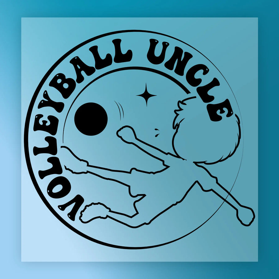 A graphic design featuring a silhouette of a person playing volleyball, with the text "Volleyball Uncle" written around the image.