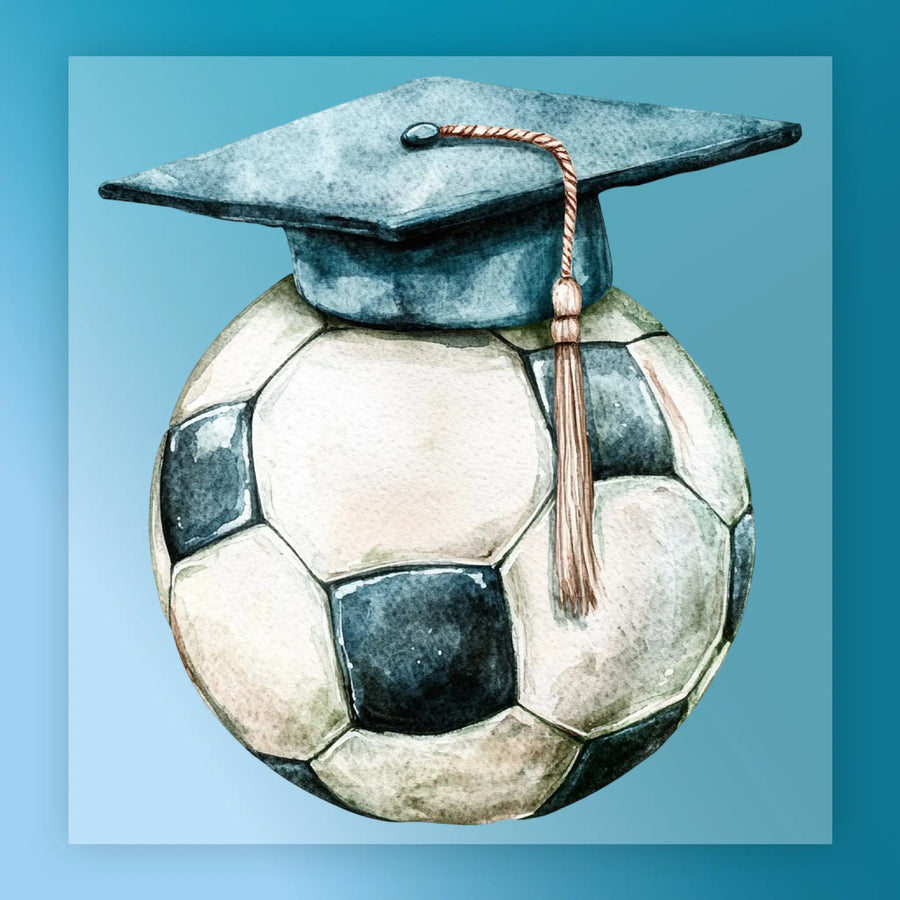 A graduation cap rests atop a soccer ball, symbolizing the completion of an academic journey.