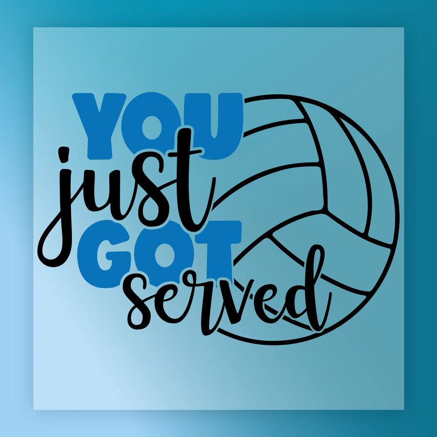 a volleyball with the text "YOU just got served" written on it.